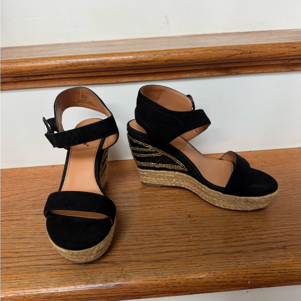 Black Espadrille Wedge Sandals with Ankle Strap